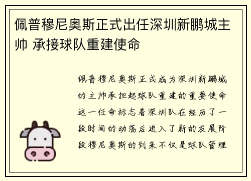 佩普穆尼奥斯正式出任深圳新鹏城主帅 承接球队重建使命