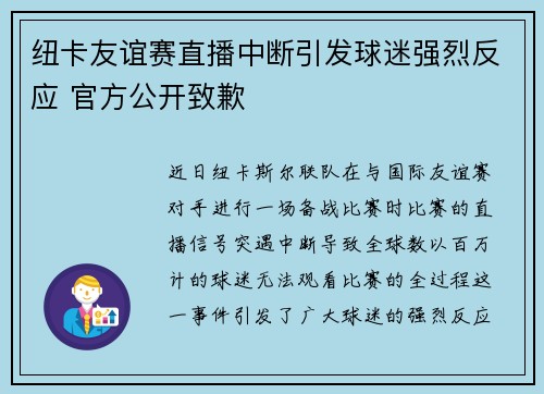 纽卡友谊赛直播中断引发球迷强烈反应 官方公开致歉