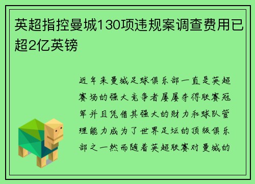 英超指控曼城130项违规案调查费用已超2亿英镑
